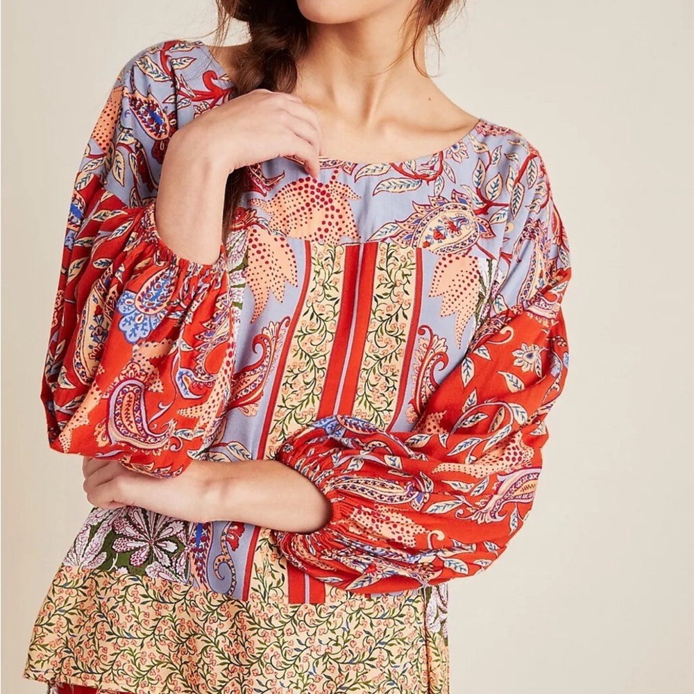 Anthropologie Multicolor Floral Patchwork Peasant Blouse in Red and Lavender